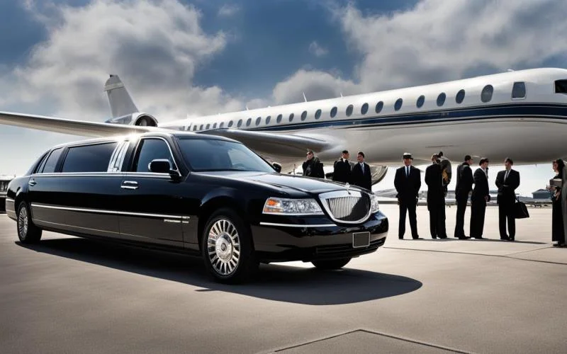 airport limo booking-A sleek black limousine is parked on an airport tarmac beside a private jet. Several people in suits stand nearby, conveying an air of luxury and exclusivity.