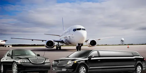uber or airport limo-A white airplane on a runway under a cloudy sky, with a black luxury car and a limousine parked in the foreground, conveying a sense of prestige.