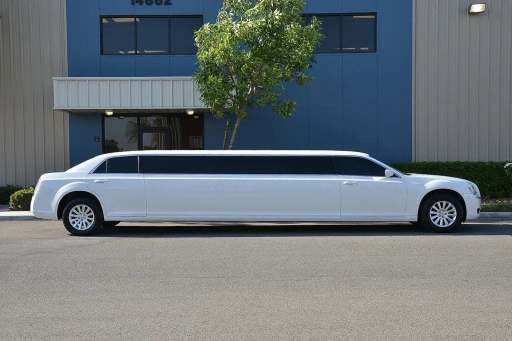 limo services in toronto-A sleek, white luxury limousine is parked in front of a modern building with blue and gray walls. A tree adds greenery beside the long vehicle.