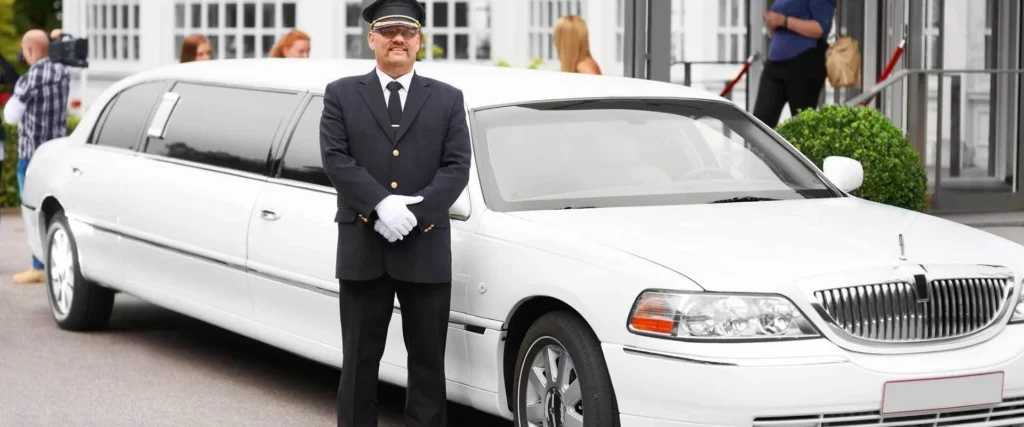 Find Your Limo at Pearson Terminal-Chauffeur in uniform stands confidently beside a white limousine. The scene is in front of a classy venue with people in the background, exuding elegance.