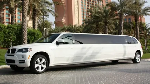 executive limo service toronto -A long white limousine is parked on a paved driveway with palm trees and a large building in the background, conveying luxury and elegance.