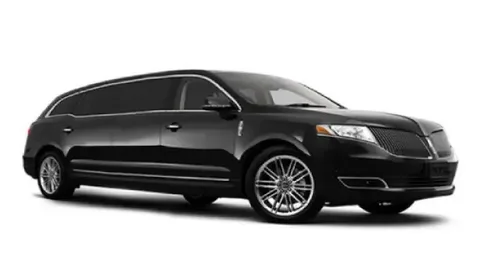 kingston limo service-A sleek black limousine with tinted windows and shiny chrome wheels parked on a white background, conveying luxury and sophistication.