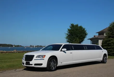 limo service orangeville-A sleek white limousine is parked on a road by a serene lakeside. The sky is clear blue, with a distant house and lush greenery enhancing the tranquil setting.