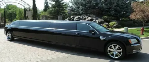 niagara falls limo service-A sleek, long black limousine parked on a sunny street, surrounded by lush greenery and trees, conveying luxury and elegance.