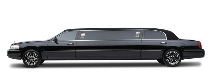 Pearson Airport Limo-Long black luxury limousine with tinted windows, parked on a white background. Sleek design with a polished finish, evoking elegance and sophistication.