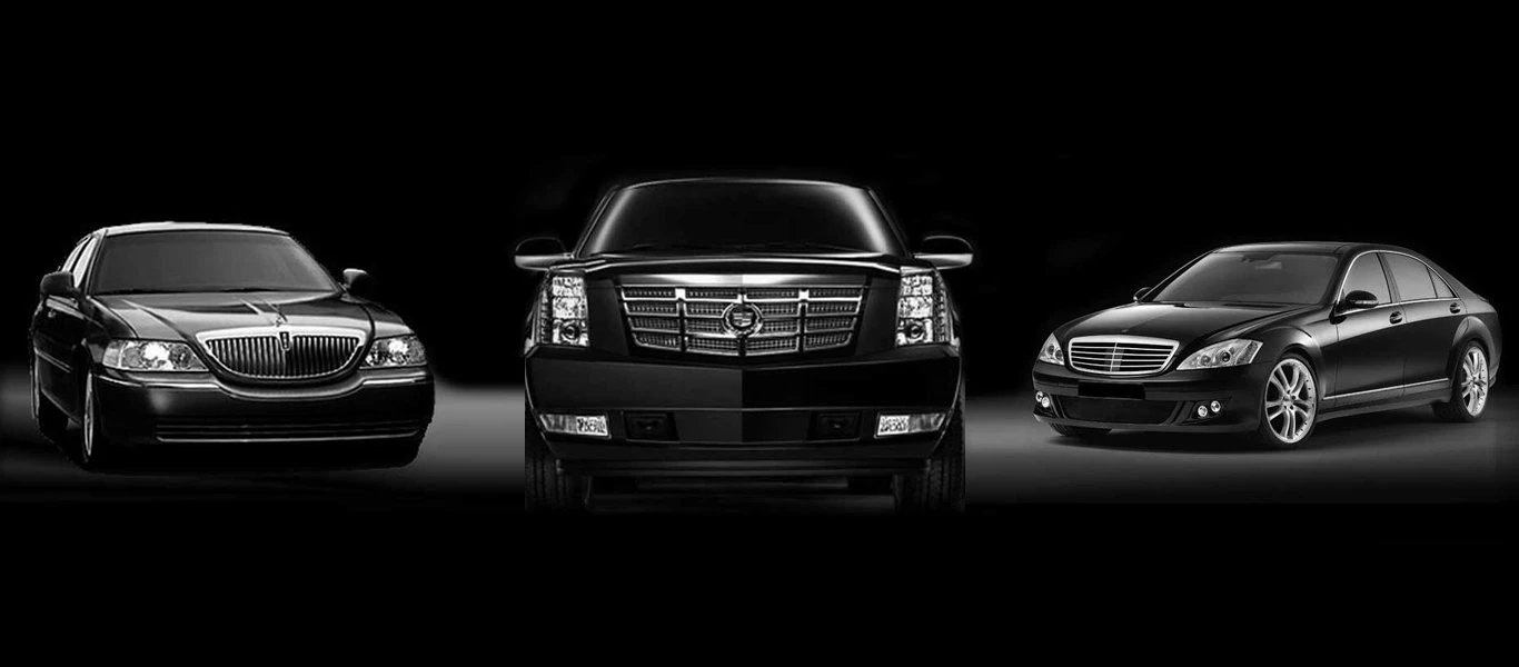 Toronto to Niagara Limo Ride-Three luxury cars in a dark setting; a Lincoln on the left, a Cadillac in the center, and a Mercedes-Benz on the right. Sleek, elegant, and high-end vibe.