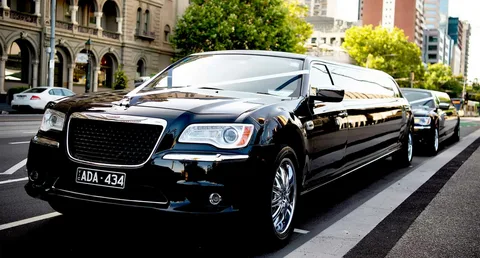 lake simcoe airport limo service-A sleek black limousine is parked on a city street, reflecting sunlight. Surrounding it are historic buildings and green trees, creating an elegant urban atmosphere.