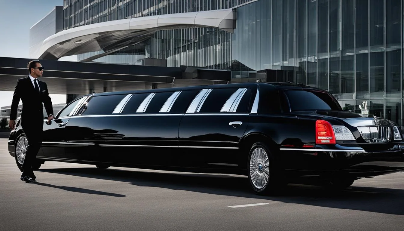 billy bishop airport limo-A sleek black limousine is parked outside a modern glass building. A man in a suit stands confidently beside the vehicle, creating a luxurious and professional atmosphere.