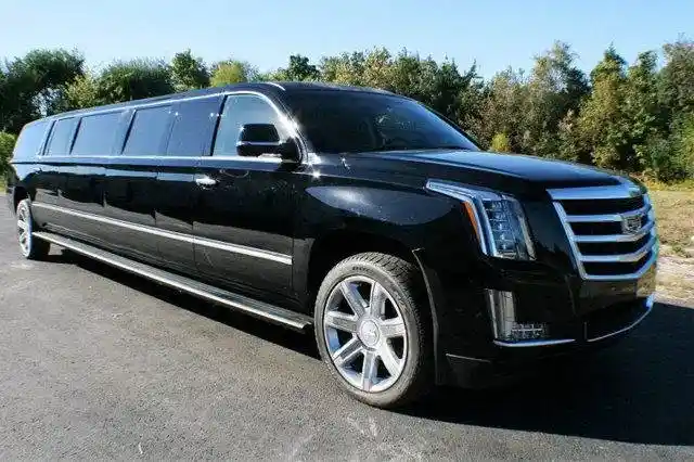 A sleek black luxury sedan is parked on a paved road, surrounded by lush green trees and grass under a clear sky, conveying elegance and tranquility.