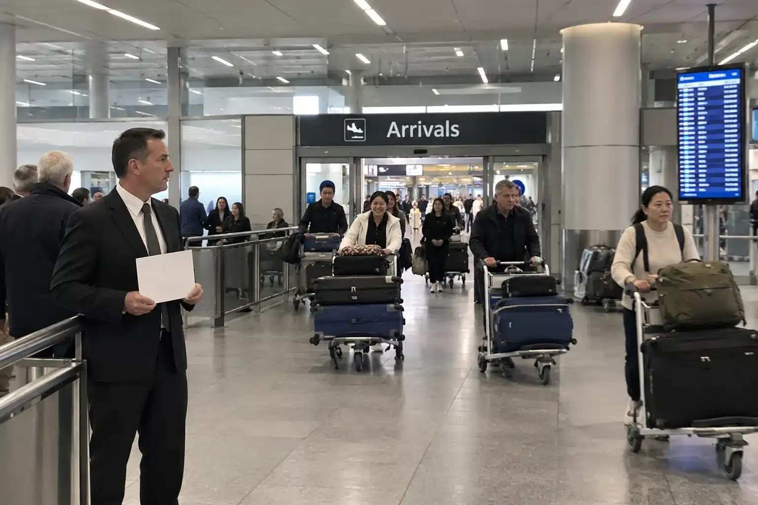 Chauffeur waiting at arrivals with a name board