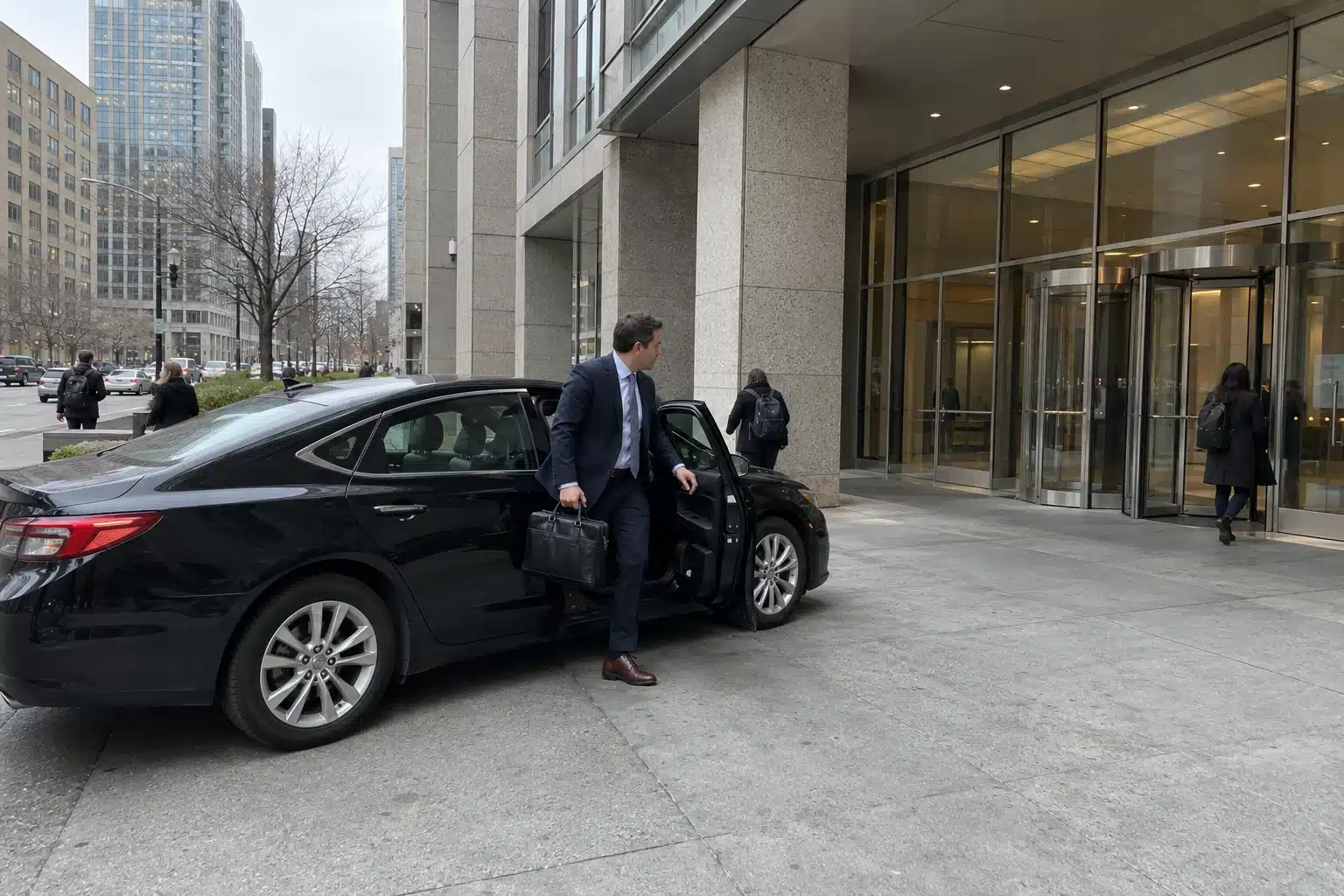 Business traveller stepping out of a chauffeured sedan
